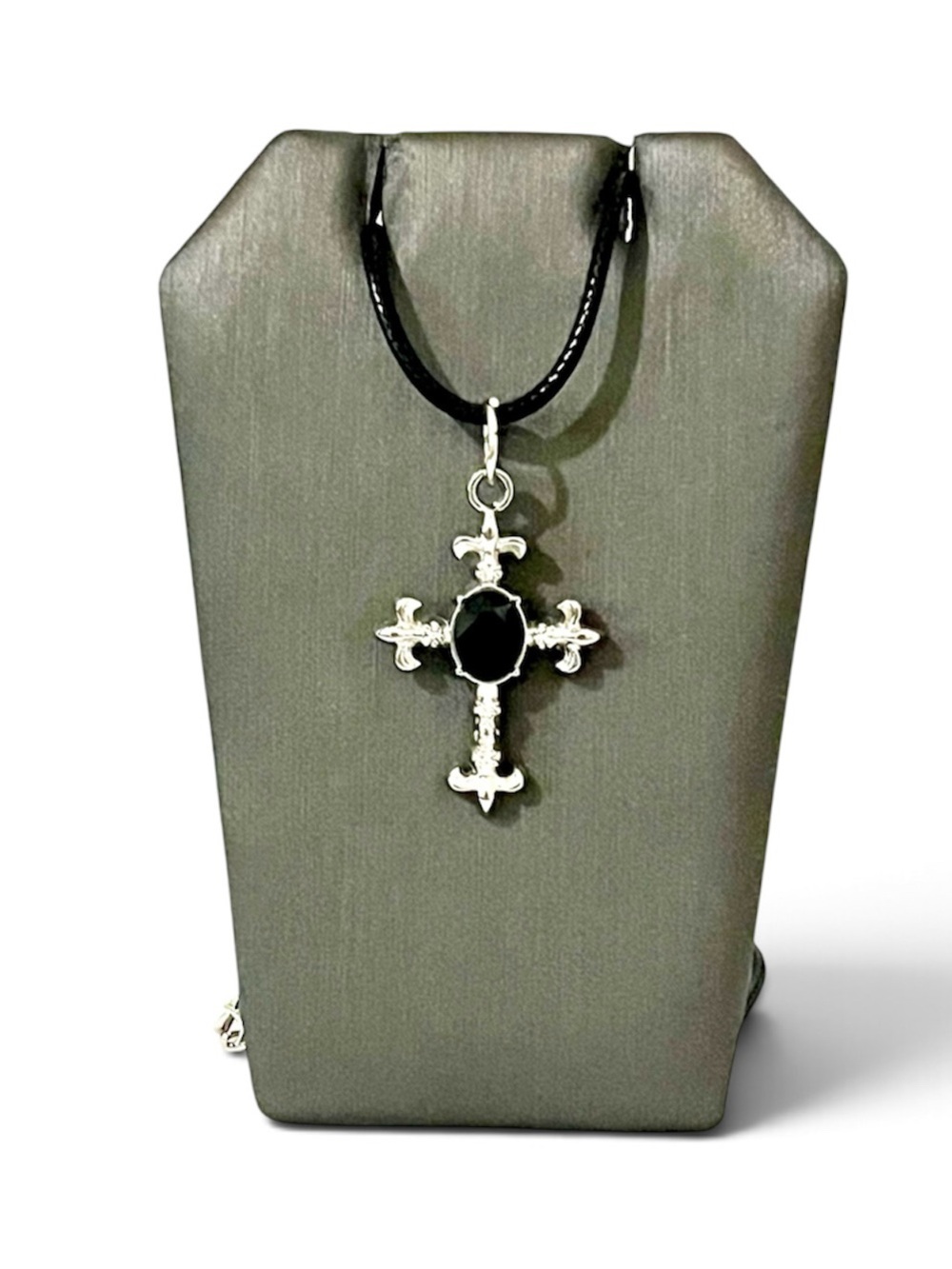 Gothic Cross Necklace Silver Tone Pendant Black Leather Cord Goth Punk Emo